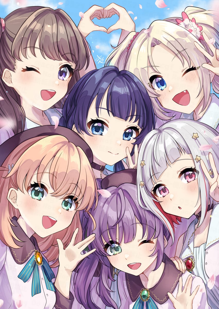hinoshita kaho, fujishima megumi, otomune kozue, murano sayaka, yugiri tsuzuri, and 1 more (love live! and 1 more) drawn by kyaku_tasu