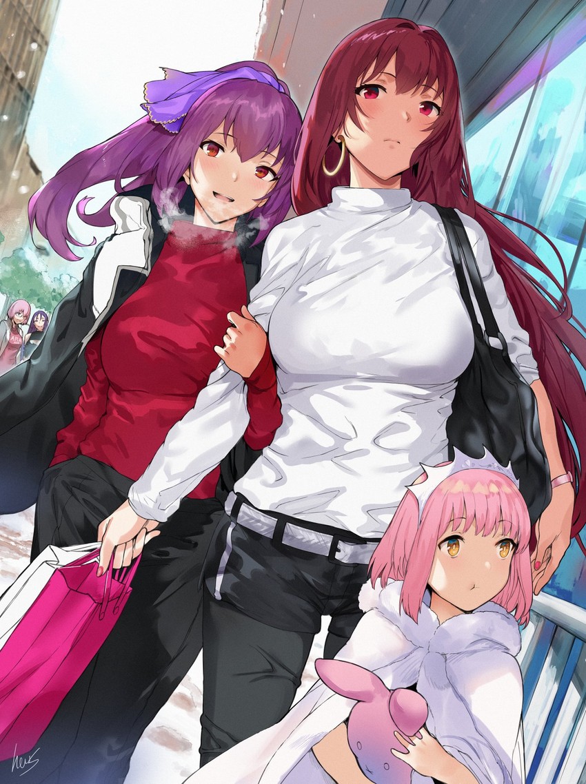 mash kyrielight, scathach, minamoto no raikou, scathach skadi, and medb (fate and 1 more) drawn by hews