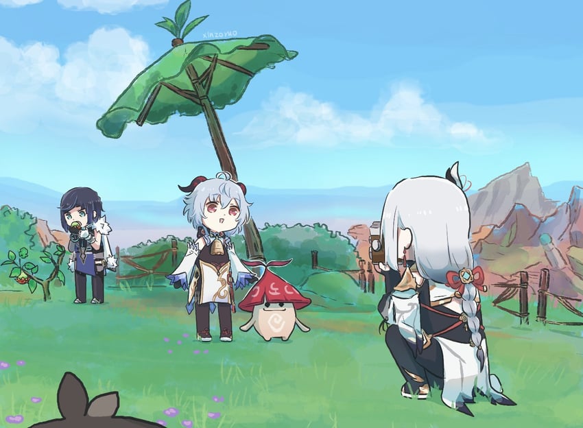 ganyu, zhongli, shenhe, yelan, and aranara (genshin impact) drawn by xinzoruo