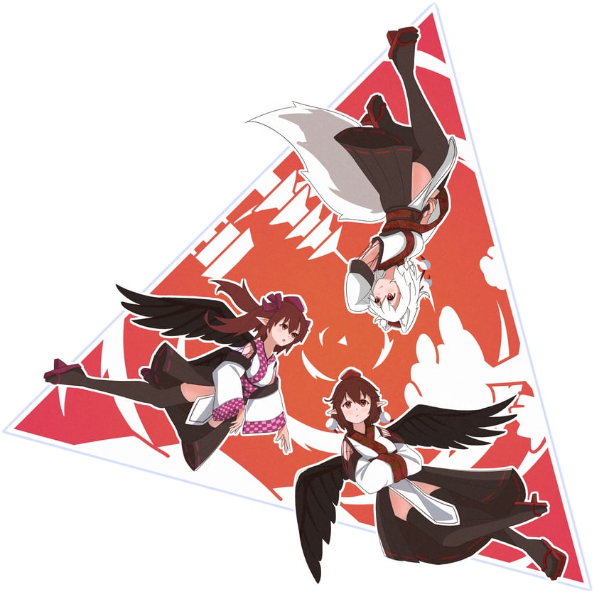 shameimaru aya, inubashiri momiji, and himekaidou hatate (touhou) drawn by tojin