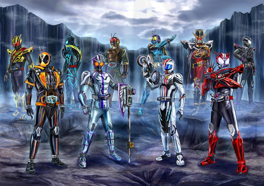 kamen rider drive, kamen rider ghost, kamen rider mach, kamen rider chaser, gold drive, and 5 more (kamen rider and 5 more) drawn by masukudo_(hamamoto_hikaru)