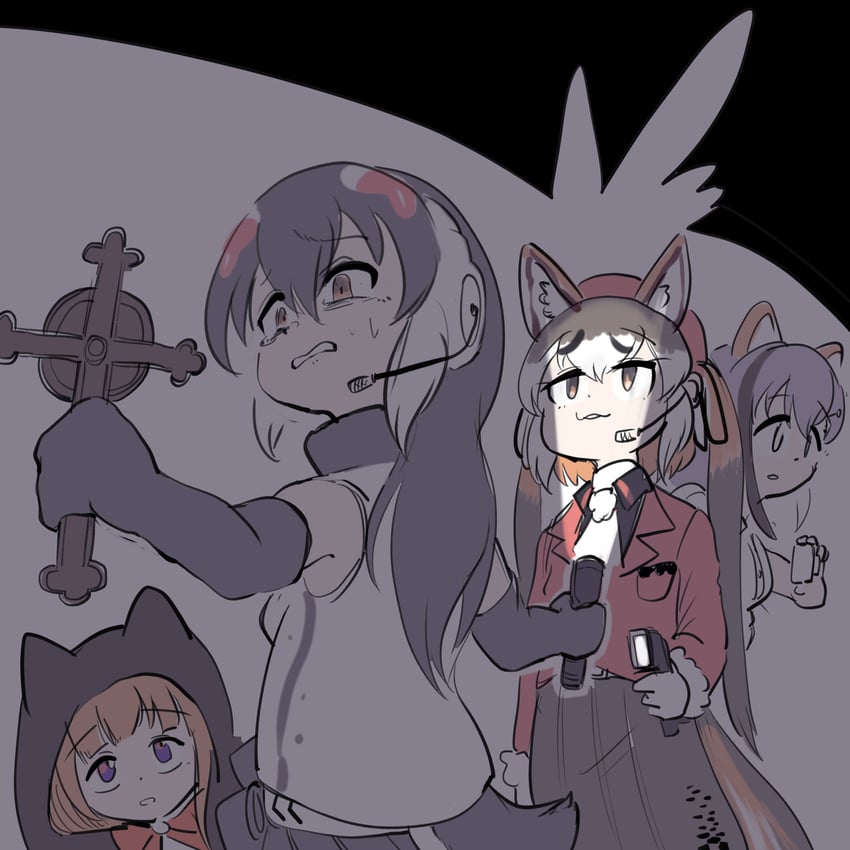 island fox, african penguin, kakyouin chieri, and kirara mimi (kemono friends and 3 more) drawn by mcgunngu