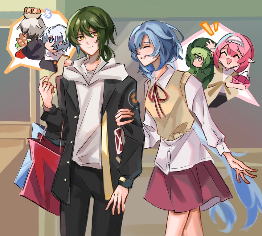 elysia, mobius, griseo, kevin kaslana, kalpas, and 1 more (honkai and 1 more) drawn by blue_(bluespring1513)