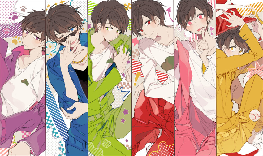 matsuno osomatsu, matsuno karamatsu, matsuno ichimatsu, matsuno jyushimatsu, matsuno choromatsu, and 1 more (osomatsu and 2 more) drawn by akina422