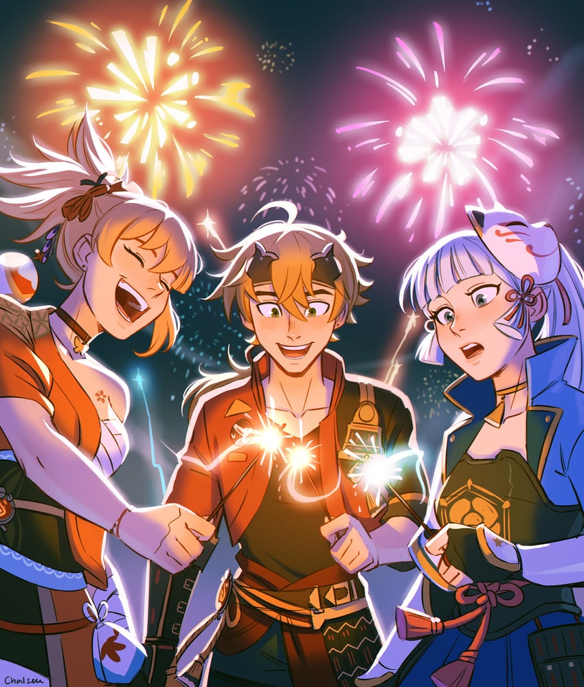 kamisato ayaka, yoimiya, and thoma (genshin impact) drawn by chalseu