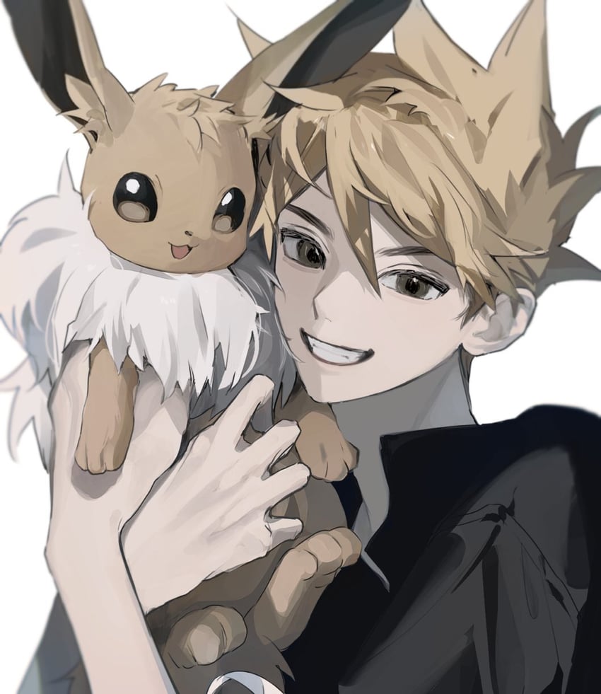 eevee and blue oak (pokemon and 1 more) drawn by sekaiitinoki