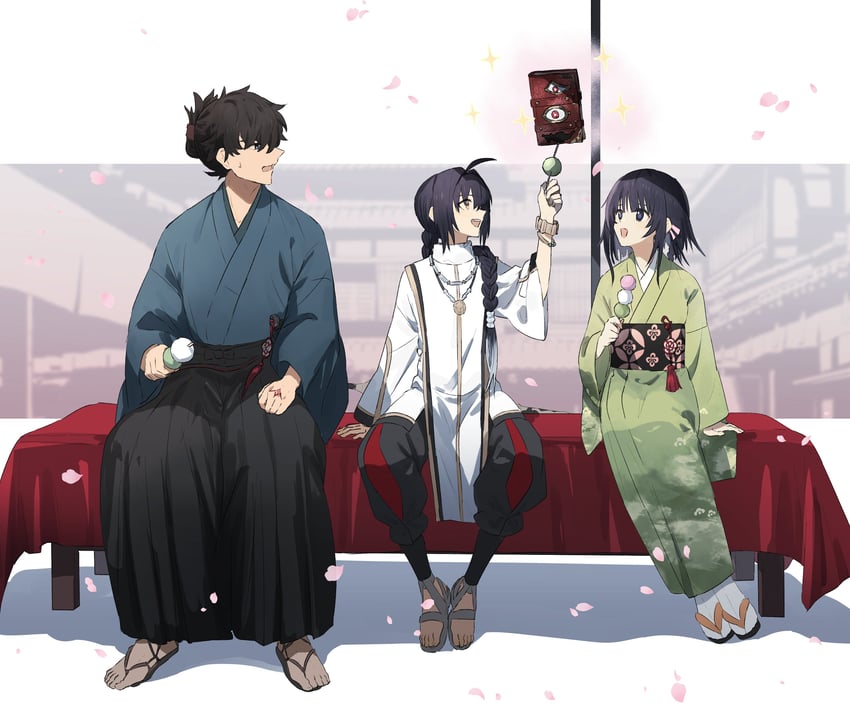 yamato takeru, miyamoto iori, ogasawara kaya, and crimson codex (fate and 1 more) drawn by ninjin_(ne_f_g_o)