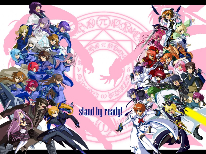 fate testarossa, takamachi nanoha, yagami hayate, raising heart, bardiche, and 37 more (lyrical nanoha and 1 more) drawn by ryuu-tan_(miuron)