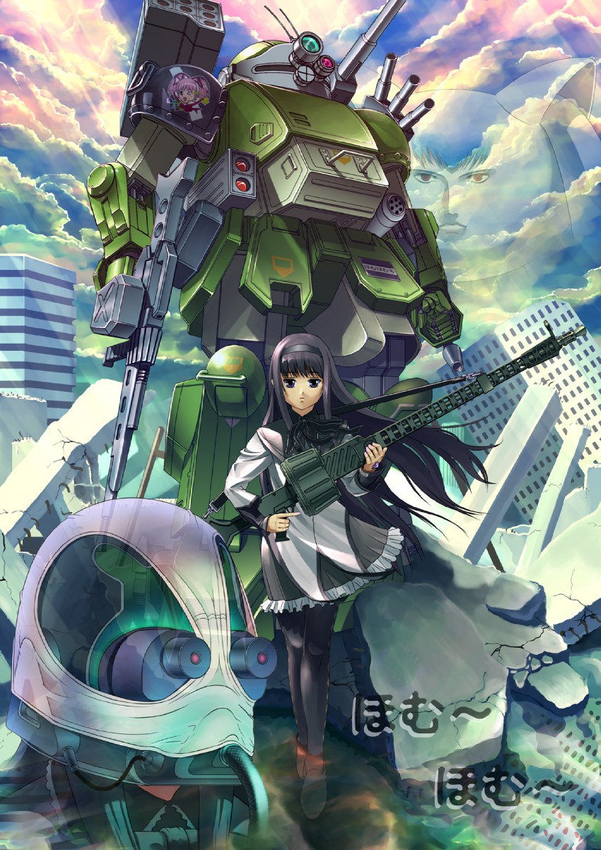 akemi homura, kaname madoka, kyubey, scopedog, and chirico cuvie (mahou shoujo madoka magica and 1 more) drawn by manabu_adachi