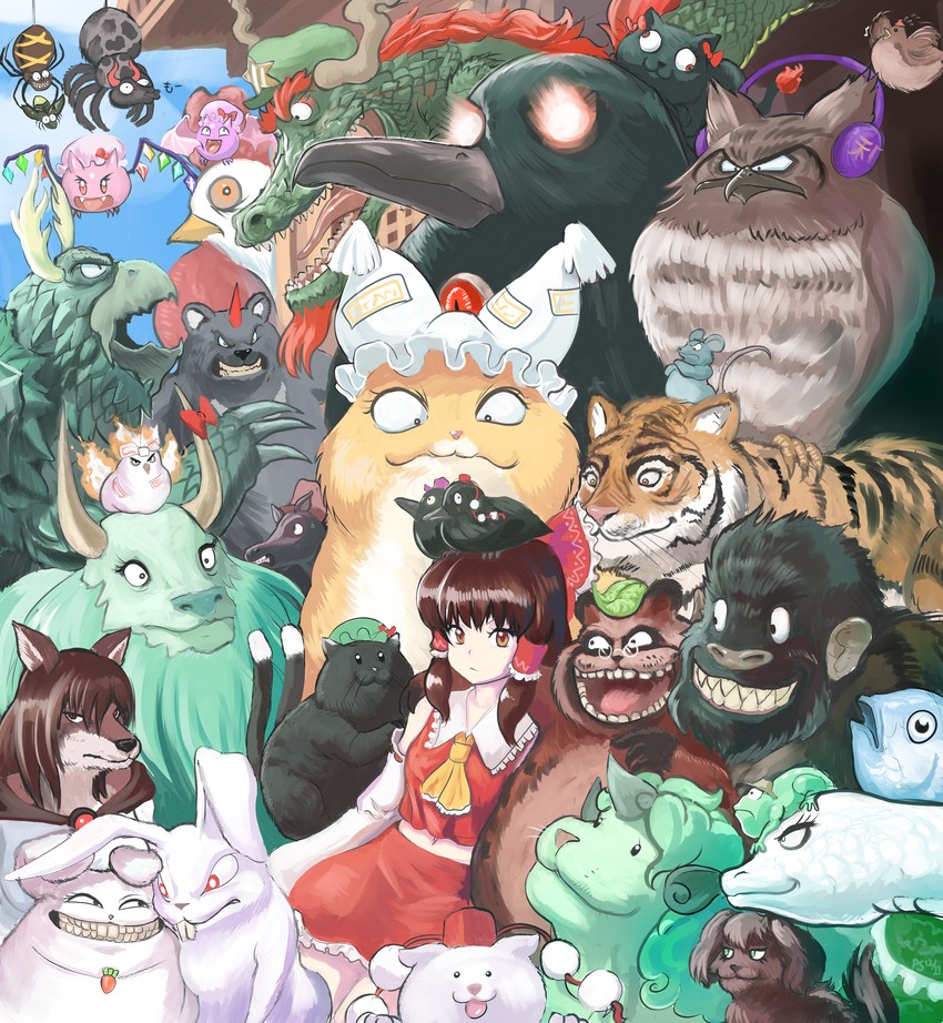 hakurei reimu, remilia scarlet, flandre scarlet, shameimaru aya, reisen udongein inaba, and 29 more (touhou) drawn by profitshame