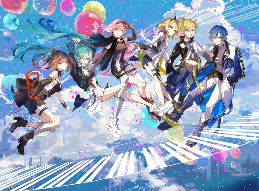 hatsune miku, kagamine rin, kagamine len, megurine luka, kaito, and 1 more (vocaloid) drawn by karanagare