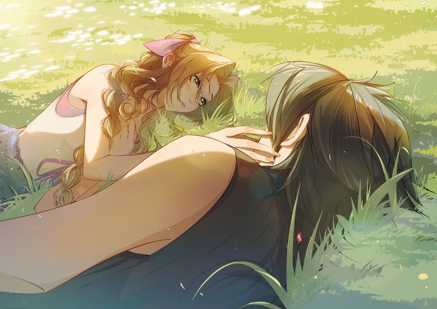 aerith gainsborough and zack fair (final fantasy and 2 more) drawn by mianmian741