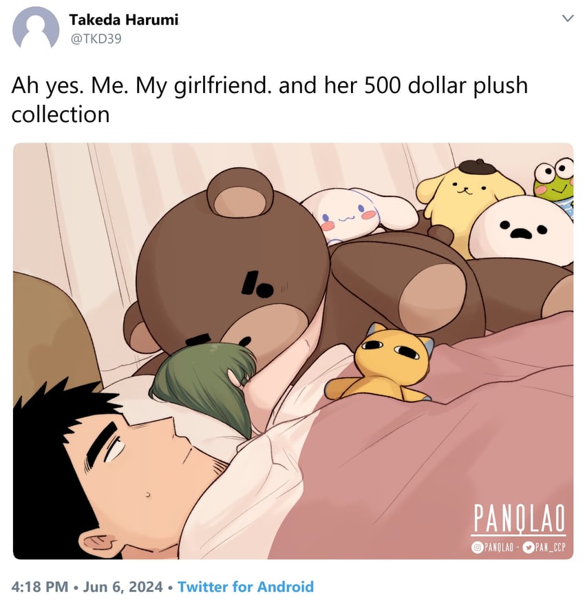 igarashi futaba, cinnamoroll, takeda harumi, pompompurin, shiromanta, and 1 more (sanrio and 3 more) drawn by panqlao