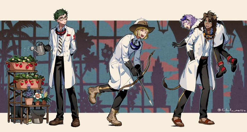 leona kingscholar, epel felmier, rook hunt, and trey clover (twisted wonderland) drawn by funuyu