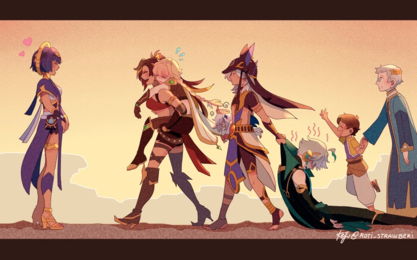 aether, paimon, alhaitham, cyno, dehya, and 3 more (genshin impact) drawn by roti_strawberi
