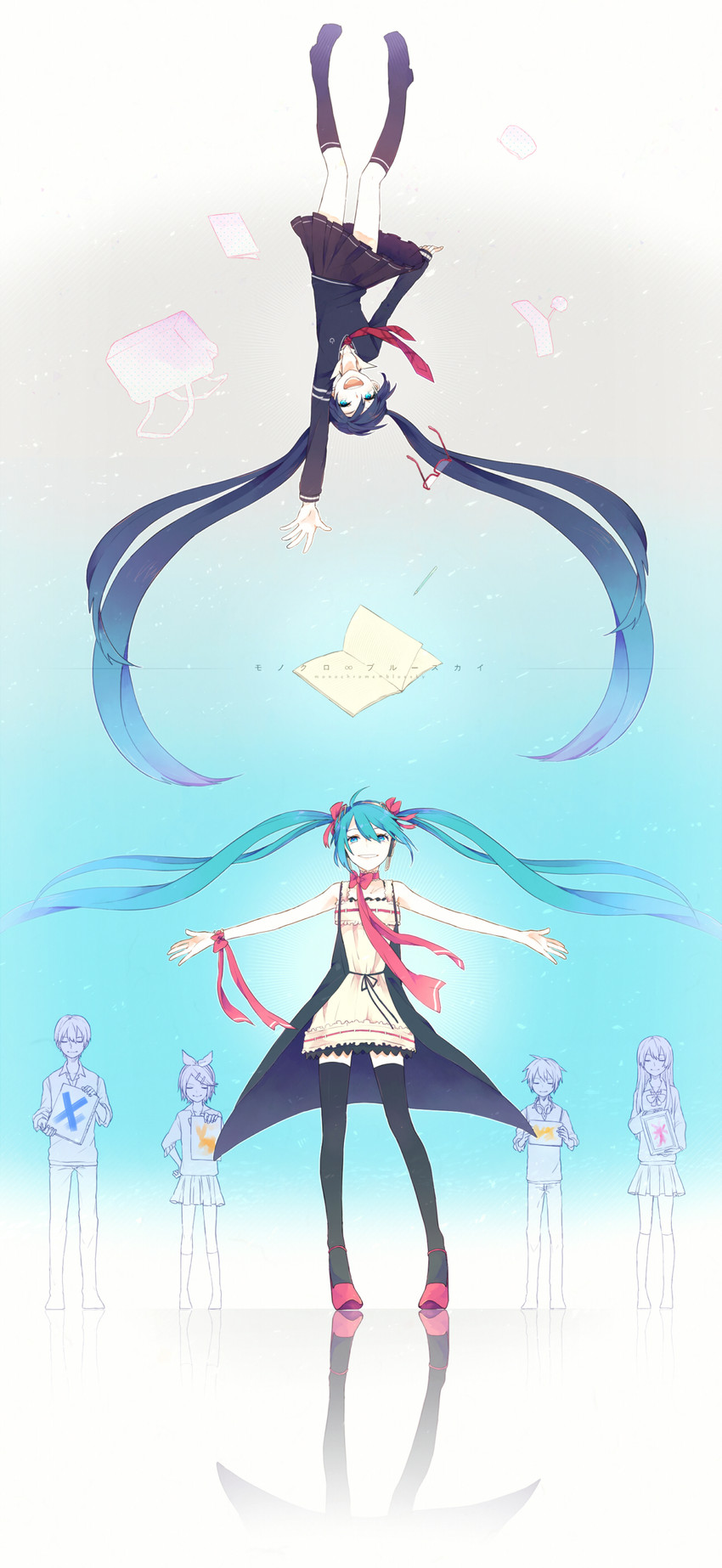hatsune miku, kagamine rin, kagamine len, megurine luka, and kaito (vocaloid and 1 more) drawn by o-ishi