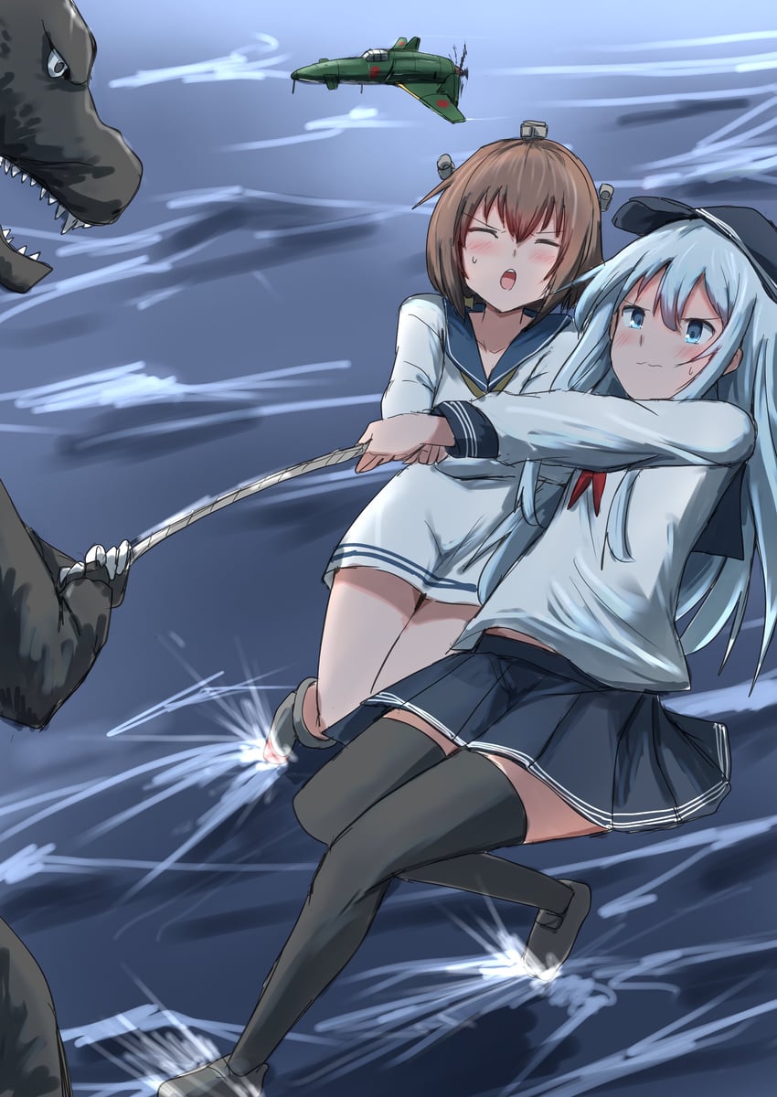 hibiki, yukikaze, and godzilla (kantai collection and 2 more) drawn by kamaboko_senshi