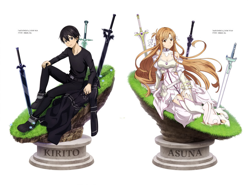 asuna and kirito (sword art online and 2 more) drawn by aquastar_inc.