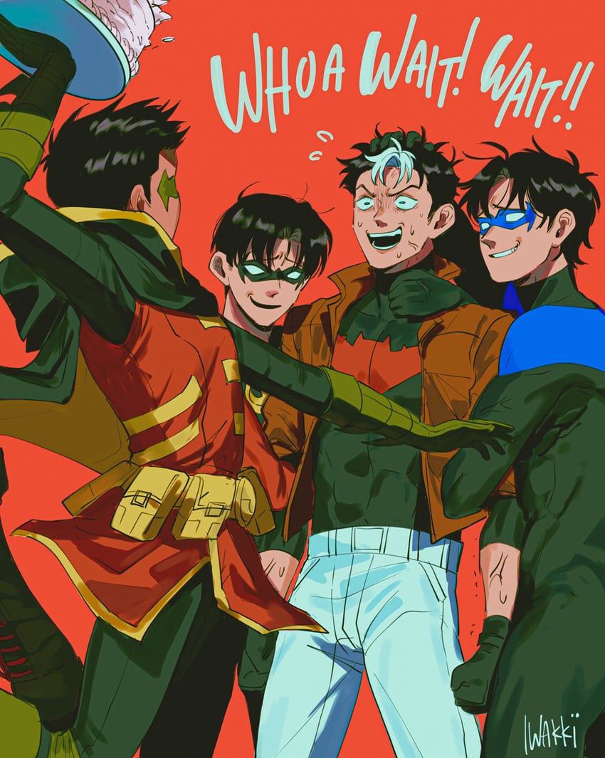 robin, dick grayson, jason todd, nightwing, red hood, and 2 more (dc comics and 1 more) drawn by iwakki