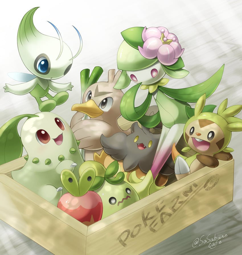 chikorita, celebi, applin, chespin, pumpkaboo, and 3 more (pokemon) drawn by sasabunecafe