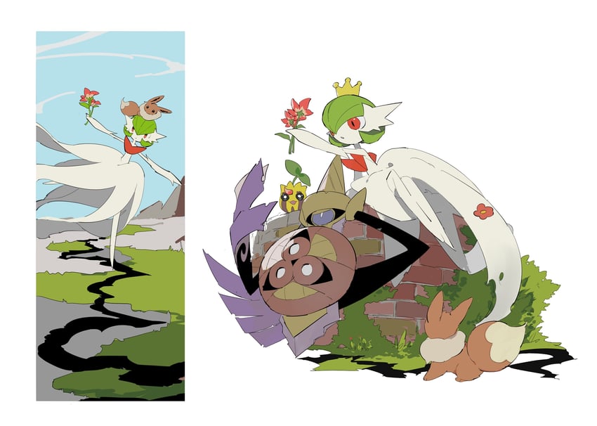 gardevoir, eevee, mega gardevoir, aegislash, and sunkern (pokemon) drawn by apios