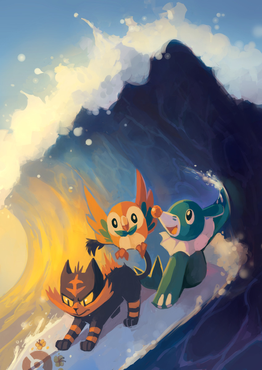 rowlet, popplio, and litten (pokemon) drawn by musicalcombusken