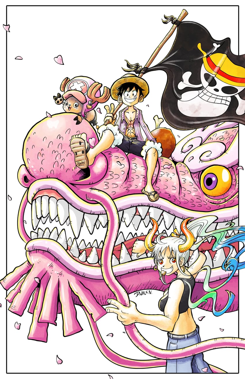monkey d. luffy, yamato, tony tony chopper, and kouzuki momonosuke (one piece) drawn by dwalkn