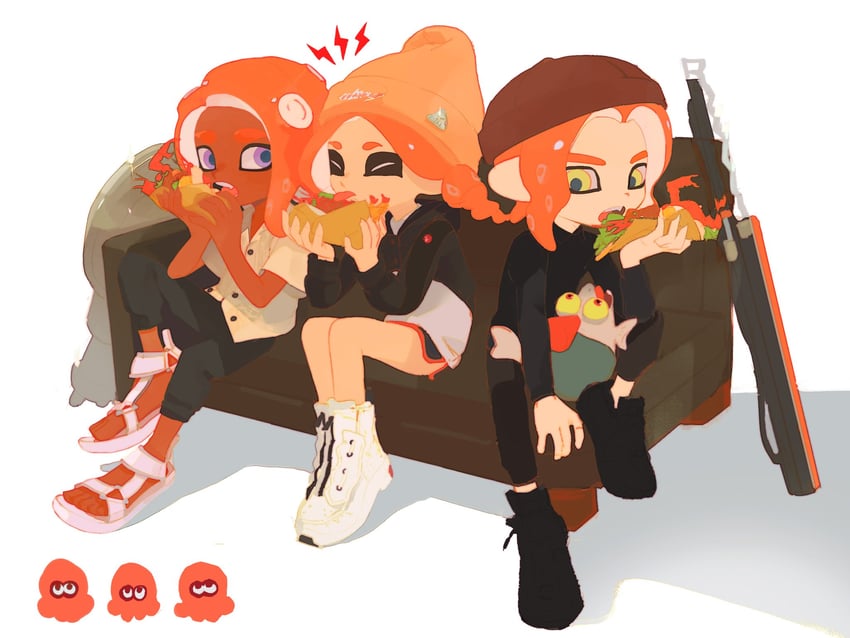octoling player character, octoling girl, octoling boy, and smallfry (splatoon and 1 more) drawn by mominoki_16