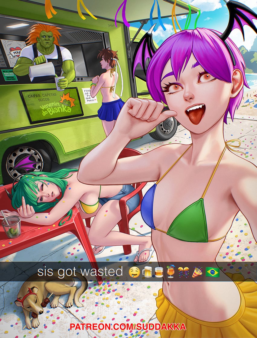 morrigan aensland, lilith, kasugano sakura, and blanka (street fighter and 2 more) drawn by suddakka