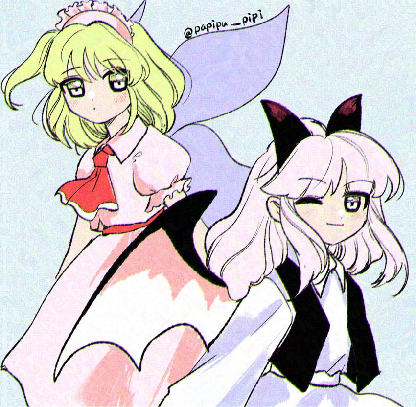 blonde shrine maiden from a future era and pink-haired makai resident (touhou) drawn by papipu_pipi