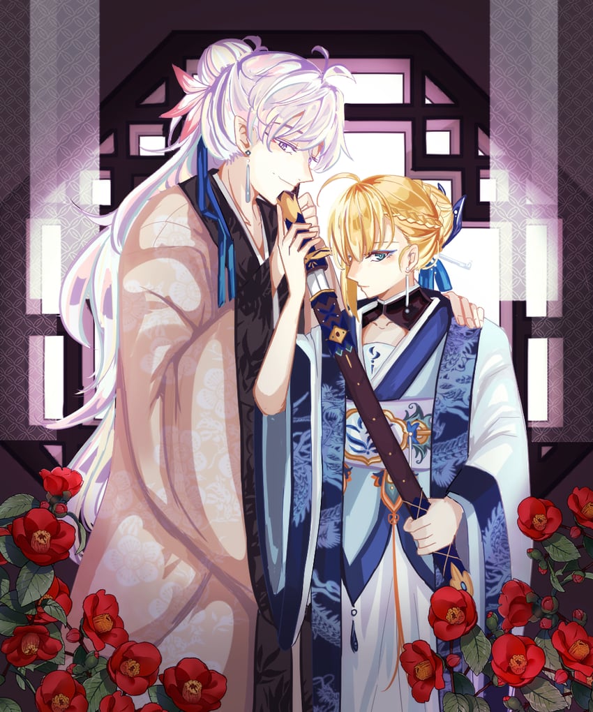 artoria pendragon, saber, and merlin (fate and 1 more) drawn by s_00