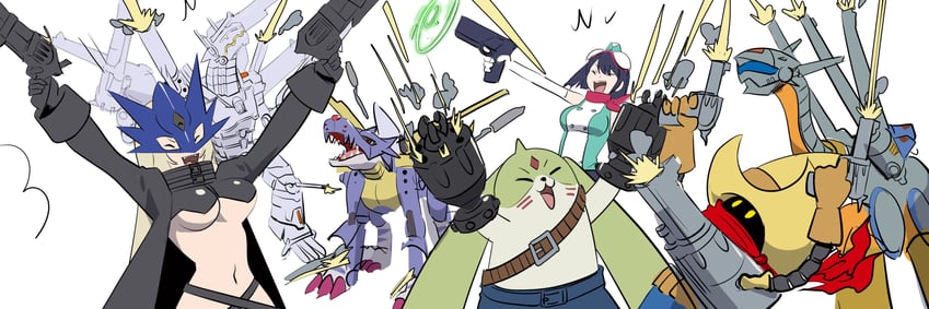 beelstarmon, metalgarurumon, yuuki kanan, galgomon, gundramon, and 2 more (digimon and 1 more) drawn by kakudrawmon