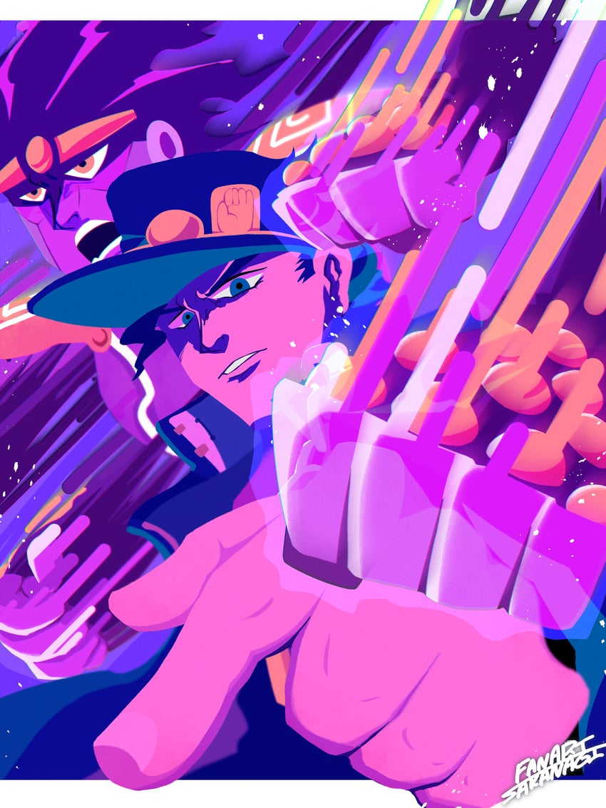 kujo jotaro and star platinum (jojo no kimyou na bouken and 1 more) drawn by sakanagi_(a_r_co)