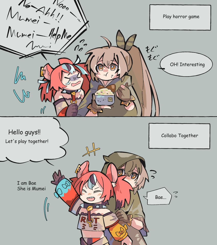 nanashi mumei and hakos baelz (hololive and 1 more) drawn by fongban_illust