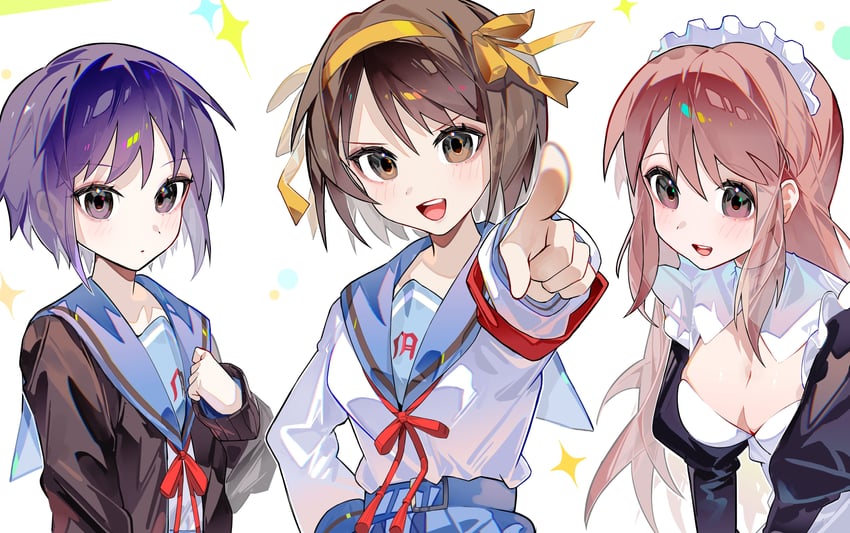 suzumiya haruhi, nagato yuki, and asahina mikuru (suzumiya haruhi no yuuutsu) drawn by hiro_(yoshi_chan)