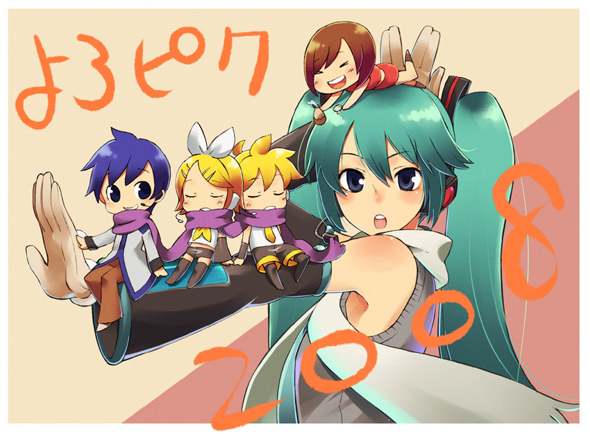 hatsune miku, kagamine rin, kagamine len, kaito, and meiko (vocaloid) drawn by chan_co