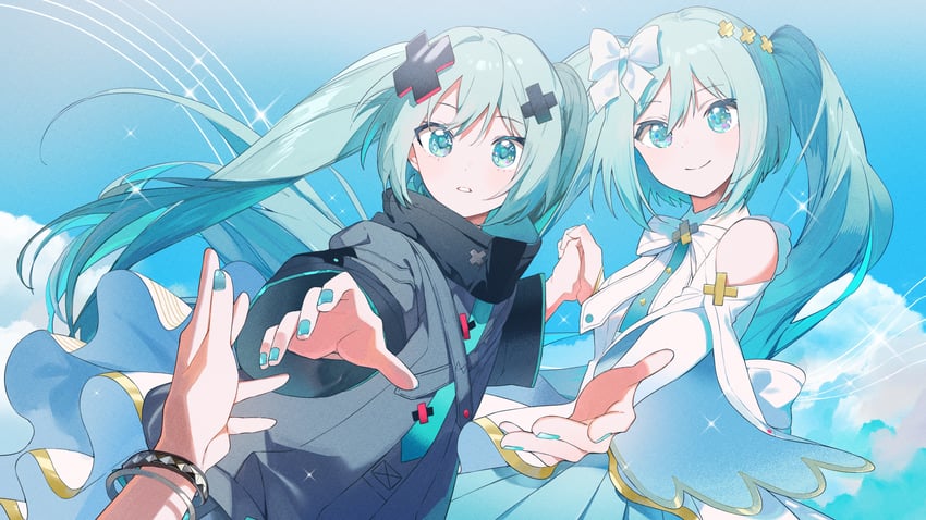 hatsune miku, leo/need miku, batsu miku, and hiramado miku (vocaloid and 3 more) drawn by omutatsu