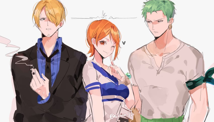 nami, roronoa zoro, and sanji (one piece) drawn by joman