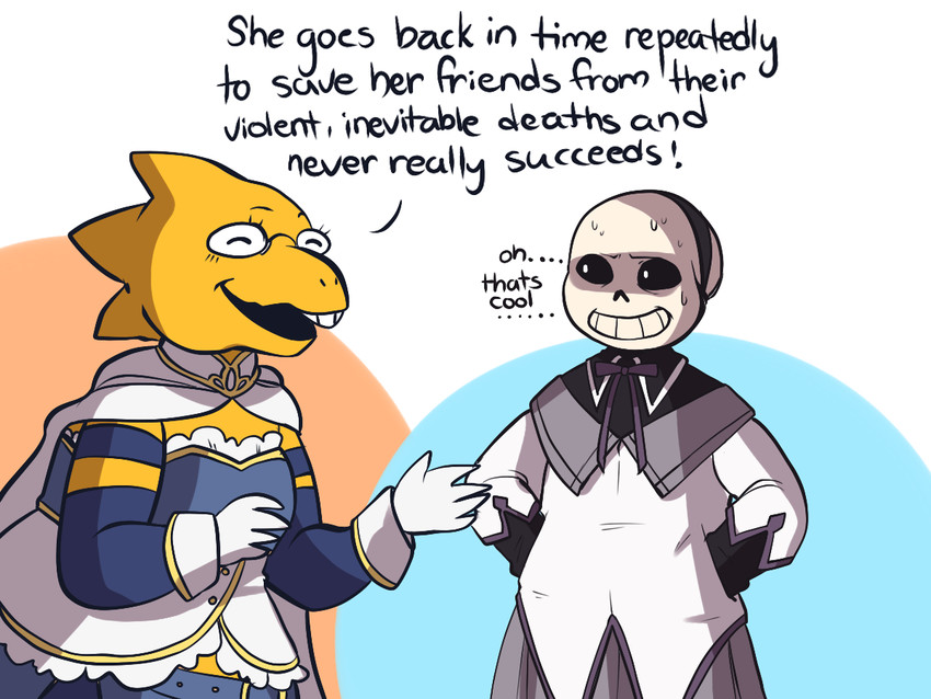 akemi homura, miki sayaka, sans, and alphys (mahou shoujo madoka magica and 1 more) drawn by sarcasticasides