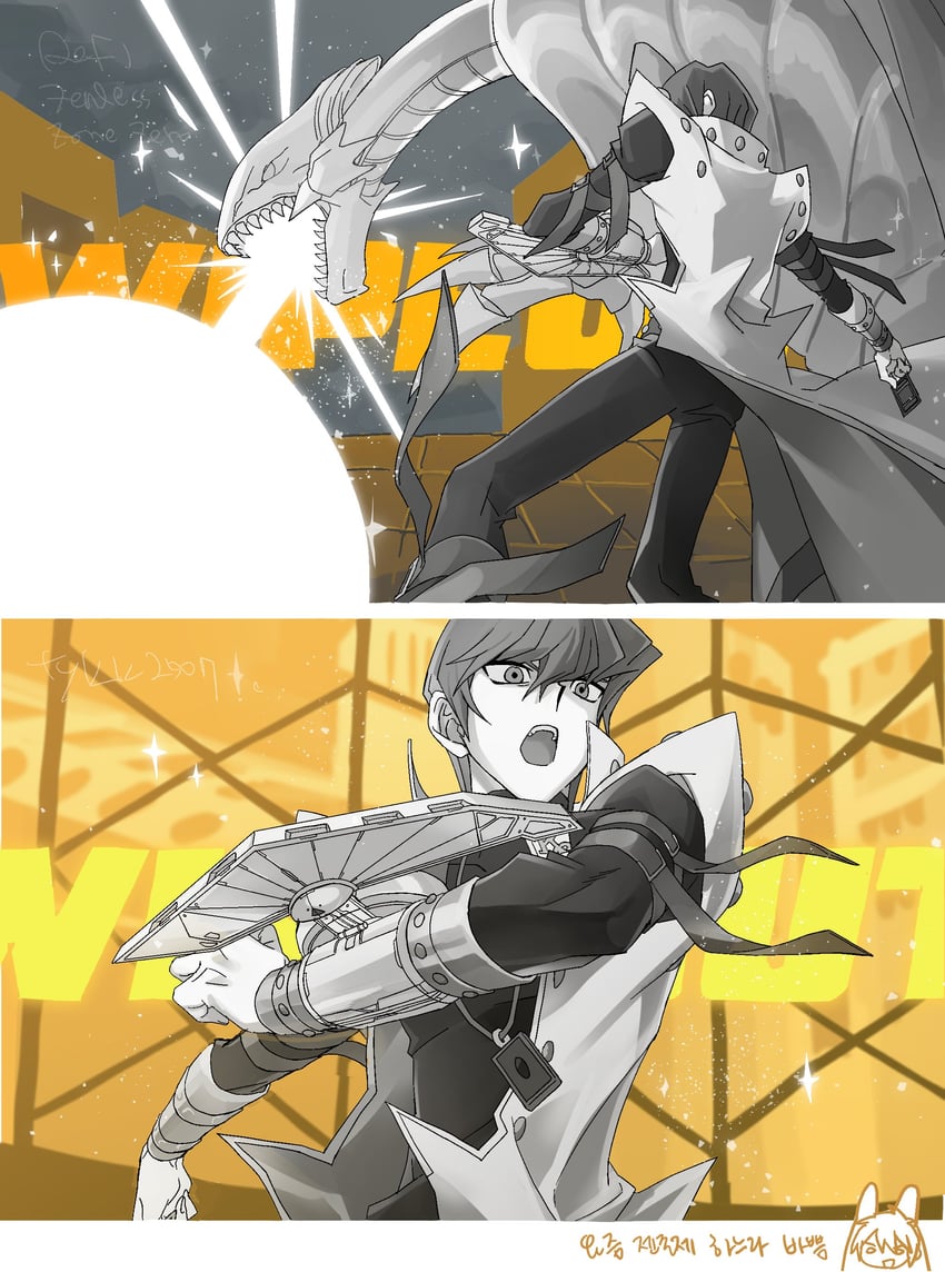 kaiba seto and blue-eyes white dragon (zenless zone zero and 2 more) drawn by skmkst
