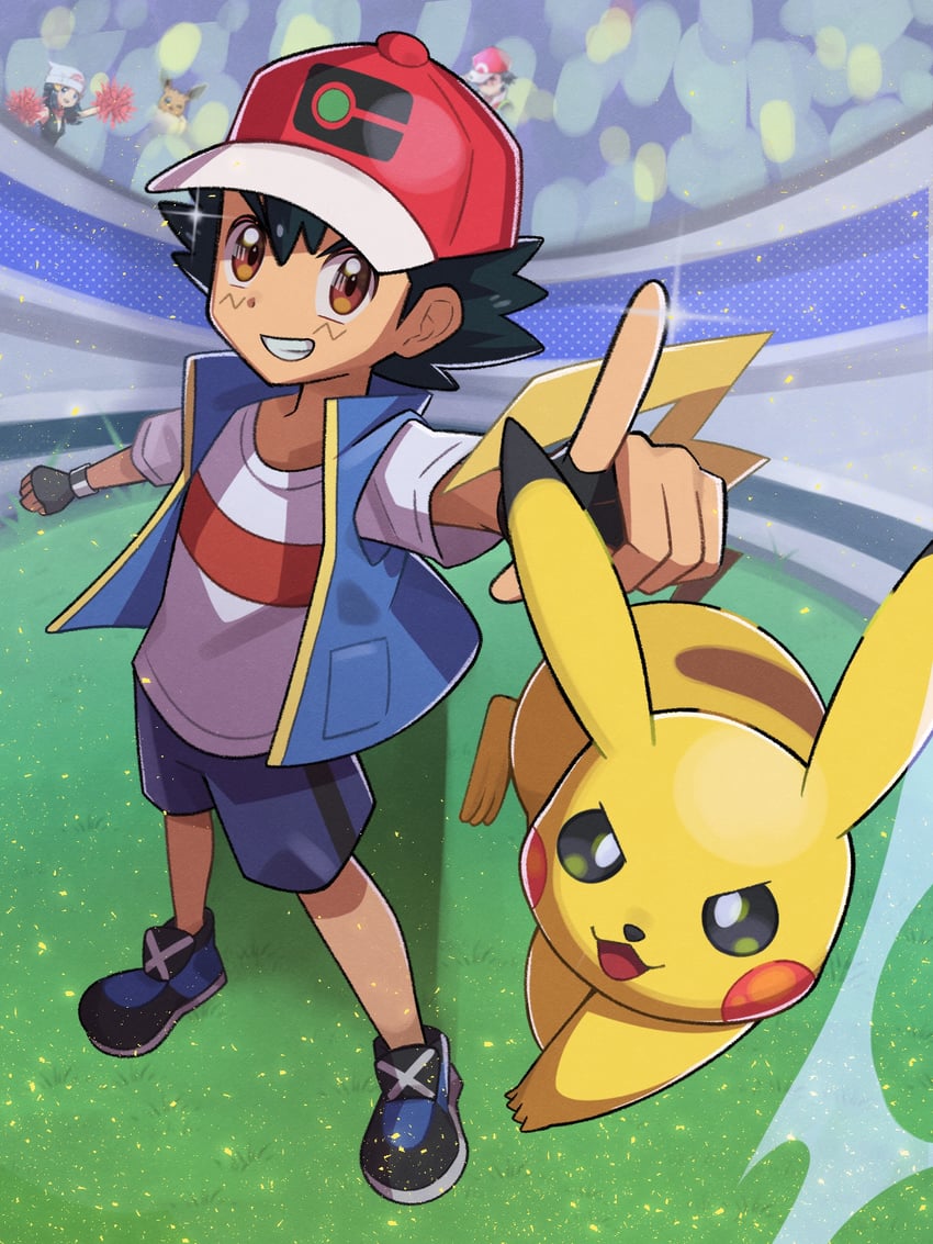 pikachu, dawn, ash ketchum, red, and eevee (pokemon and 2 more) drawn by inana_umi