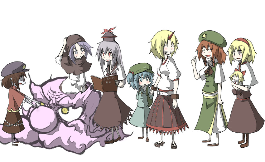 alice margatroid, hong meiling, kawashiro nitori, kamishirasawa keine, hoshiguma yuugi, and 4 more (touhou) drawn by asyura_kumo