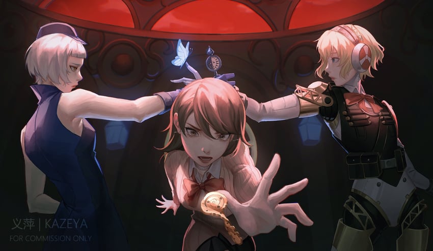 aigis, takeba yukari, and elizabeth (persona and 1 more) drawn by kazeya