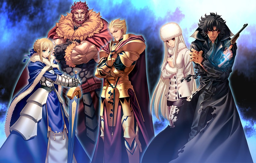 artoria pendragon, saber, gilgamesh, iskandar, emiya kiritsugu, and 1 more (fate and 1 more) drawn by itou_ben
