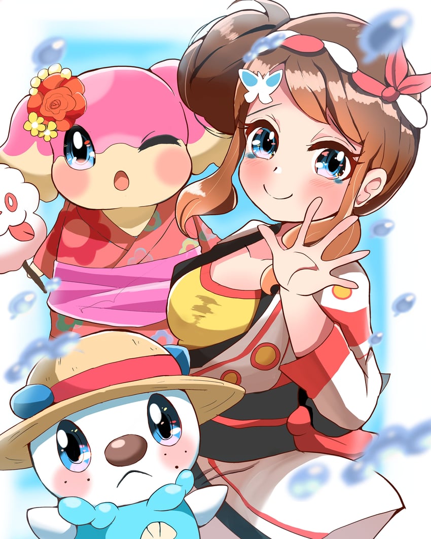 hilda, oshawott, audino, and swirlix (pokemon and 1 more) drawn by carrot_summer