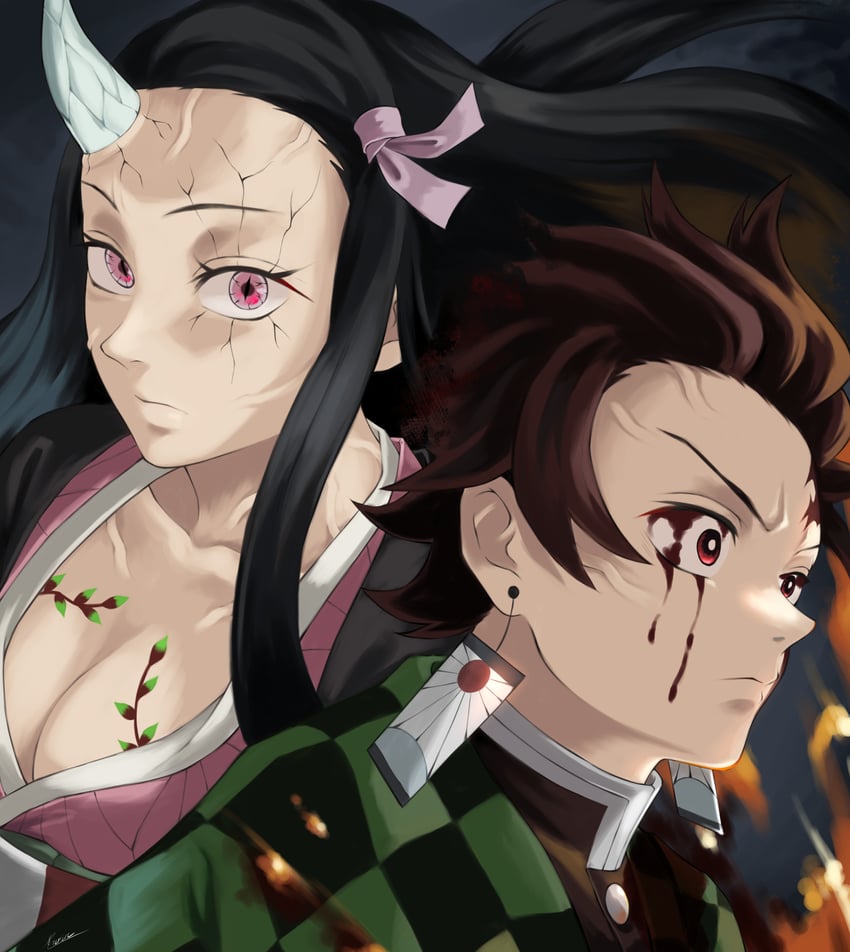 kamado nezuko and kamado tanjirou (kimetsu no yaiba) drawn by fengling_(furin-jp)
