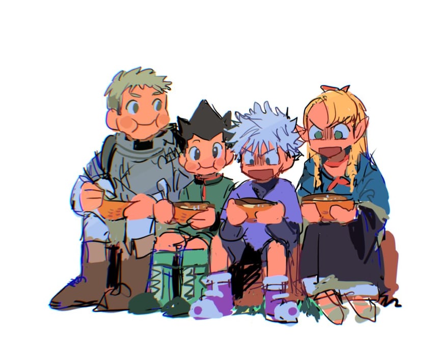 marcille donato, laios touden, killua zoldyck, and gon freecss (dungeon meshi and 1 more) drawn by docoe_dot