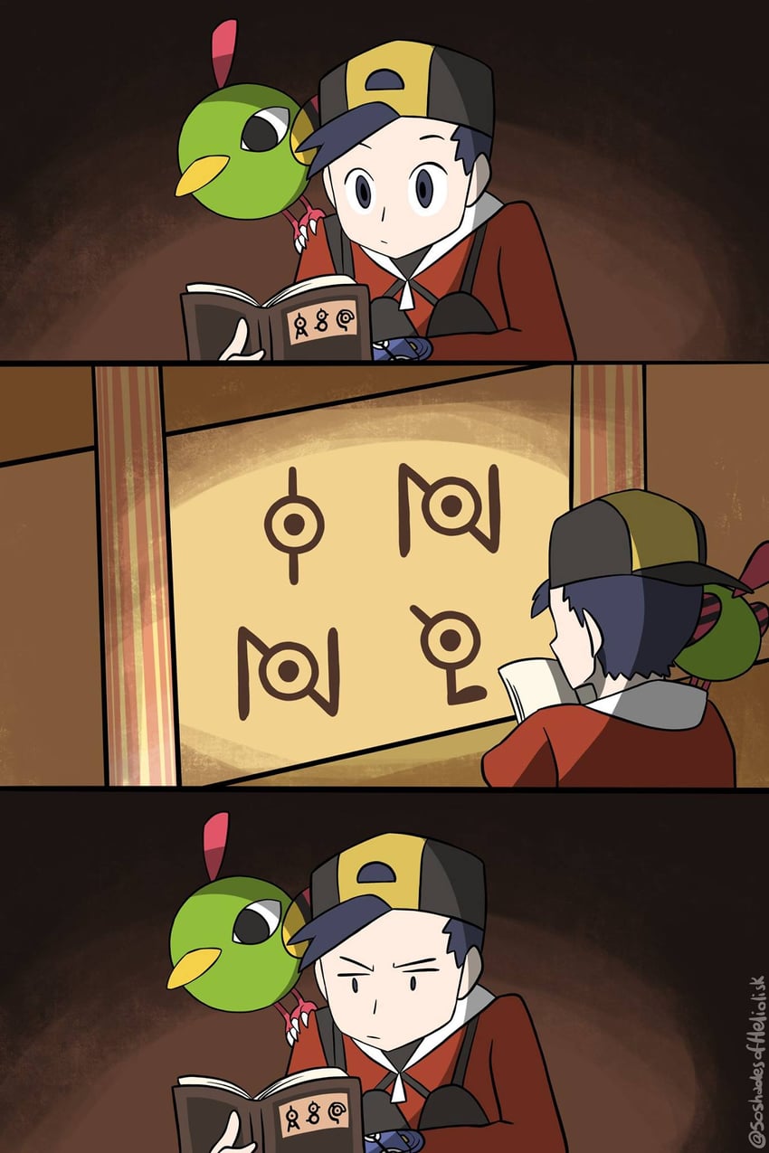 ethan, natu, unown, unown i, unown n, and 1 more (pokemon and 1 more) drawn by leopold65107856