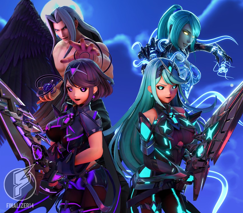 pyra, mythra, sephiroth, and dark samus (final fantasy and 7 more) drawn by nautilic