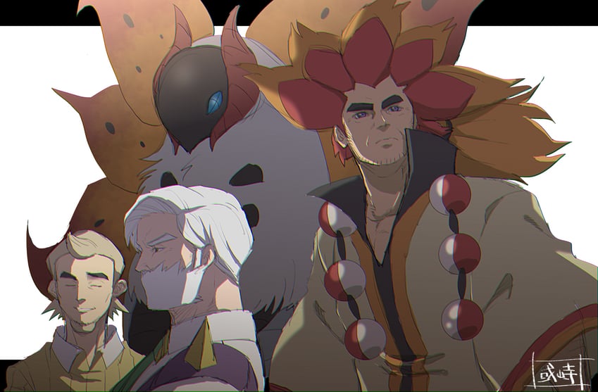 volcarona, alder, drayden, and cedric juniper (pokemon and 1 more) drawn by sanwari_(aruji_yume)
